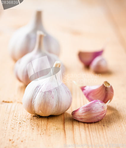 Image of Healthy Organic Garlic Vegetables Whole And Cloves On The Wooden