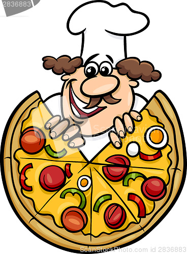 Image of italian chef with pizza cartoon illustration