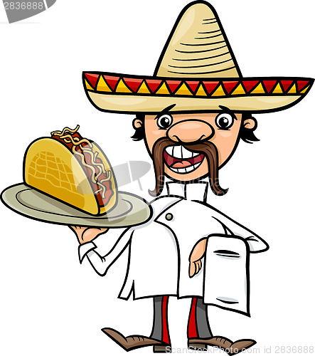 Image of mexican chef with taco cartoon illustration