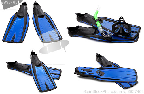 Image of Set of blue swim fins, mask and snorkel for diving