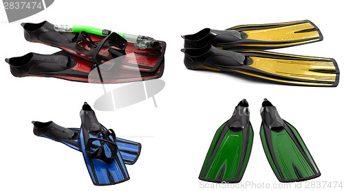 Image of Set of multicolored swim fins, mask and snorkel for diving 