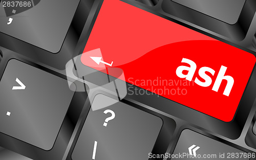 Image of ash word on keyboard key, notebook computer