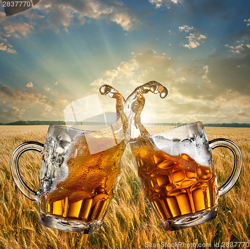 Image of Splash of beer against wheat and sunset