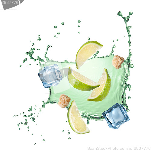 Image of water splash with lime, ice and sugar isolated