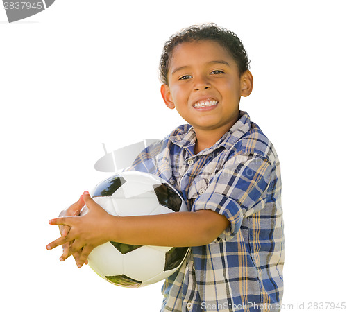 Image of Mixed Race Boy Holding Soccer Ball on White