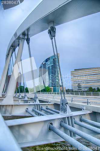 Image of Columbus, Ohio skyline reflected in the Scioto River. Columbus i