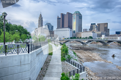 Image of Columbus, Ohio skyline reflected in the Scioto River. Columbus i