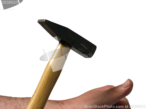 Image of Man bangs with a hammer on his thumb