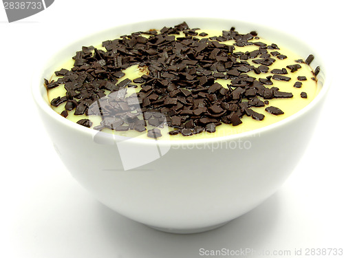 Image of Custard with grated chocolate in a bowl of china ware
