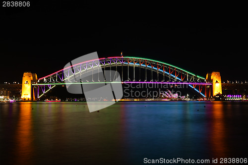 Image of Sydney harbour bridge in Vivid colour