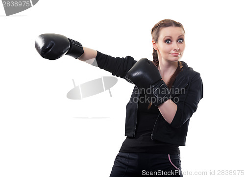 Image of Young woman in boxing gloves on a white background