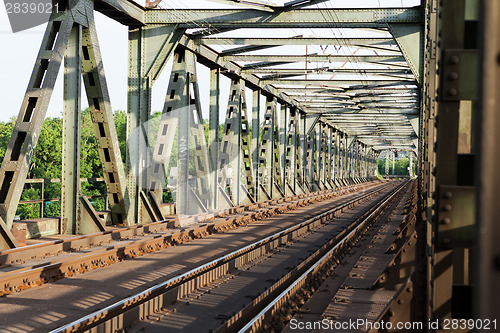 Image of Empty railroad tracks on scale bridge