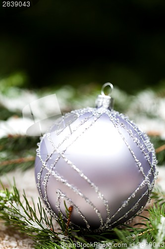 Image of Silver Christmas ornaments in leaves