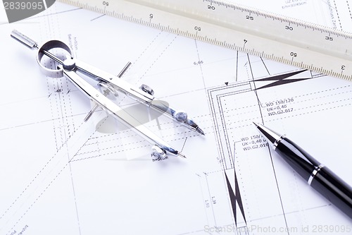 Image of architect blueprints equipment objects workplace