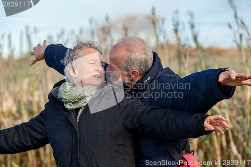 Image of Elderly couple embracing and celebrating the sun