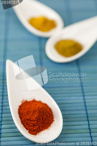 Image of Dried ground spices in ceramic spoons