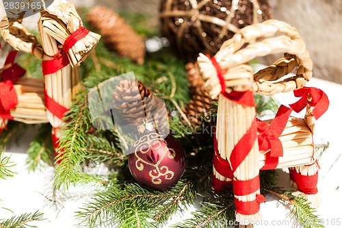 Image of Red Christmas balls with pine cones