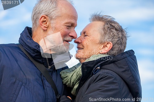 Image of Elderly couple embracing and celebrating the sun