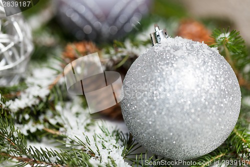 Image of Silver Christmas bauble on a tree with snow