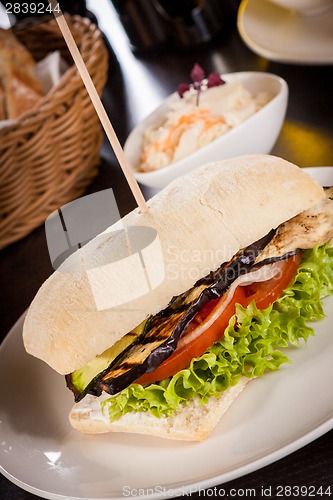 Image of delicious vegan vegetarian burger with grilled eggplant