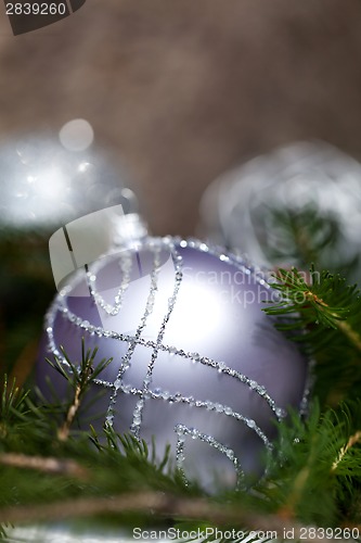 Image of Silver Christmas ornaments in leaves