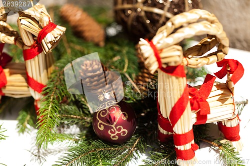 Image of Red Christmas balls with pine cones