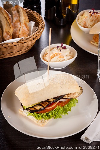 Image of delicious vegan vegetarian burger with grilled eggplant