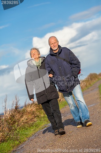 Image of happy mature couple relaxing baltic sea dunes 