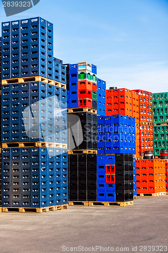 Image of Stacks of beverage bottle crates