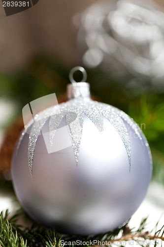 Image of Silver Christmas ornaments in leaves