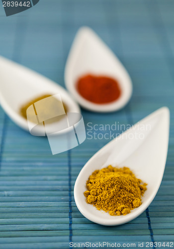 Image of Dried ground spices in ceramic spoons