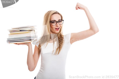 Image of Female model carrying books doing thumbs up sign