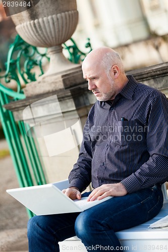 Image of Man sitting on a bench using a laptop