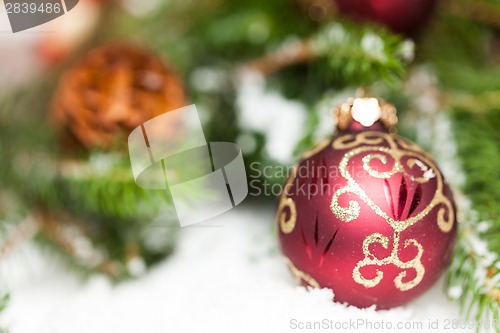 Image of Christmas background with baubles and craft