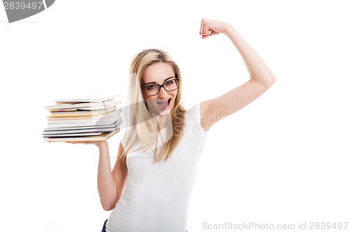 Image of Female model carrying books doing thumbs up sign