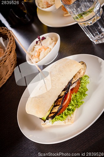 Image of delicious vegan vegetarian burger with grilled eggplant