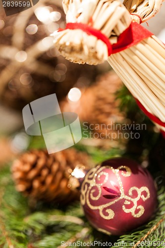 Image of Red Christmas balls with pine cones