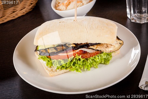 Image of delicious vegan vegetarian burger with grilled eggplant