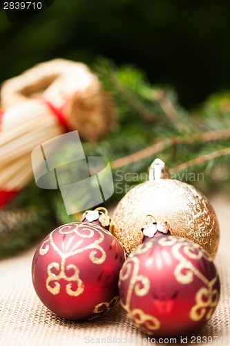 Image of Christmas background with baubles and craft