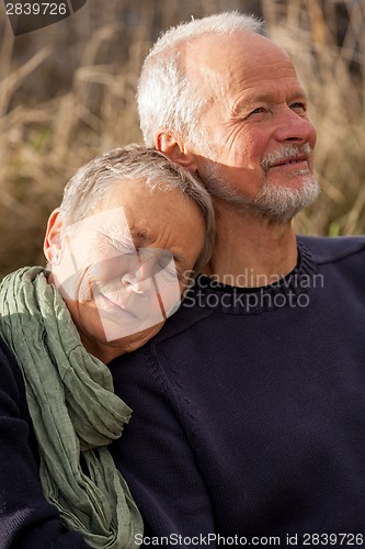 Image of happy senior couple relaxing together in the sunshine