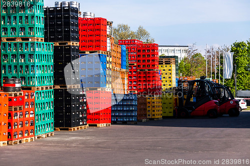 Image of Stacks of beverage bottle crates