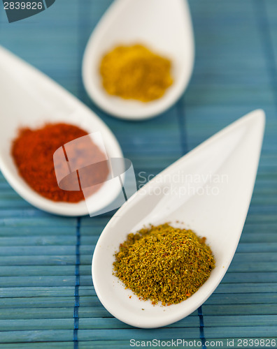 Image of Dried ground spices in ceramic spoons