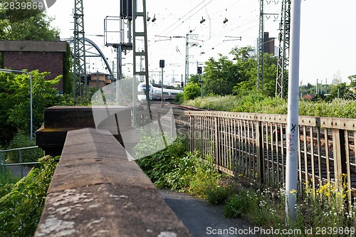 Image of Empty railroad tracks on scale bridge