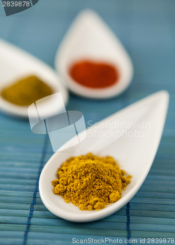 Image of Dried ground spices in ceramic spoons