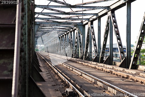 Image of Empty railroad tracks on scale bridge