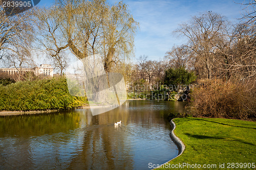 Image of Tranquil park with a pond and wildflowers