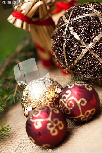 Image of Christmas background with baubles and craft