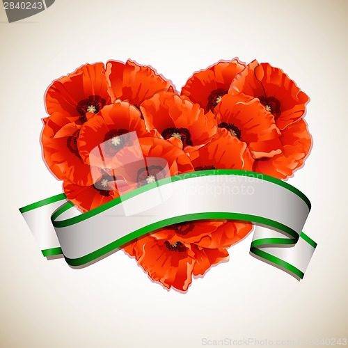 Image of Flower heart of red poppies with ribbon.