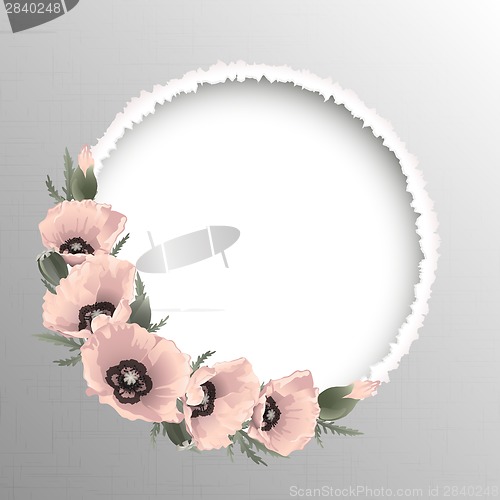 Image of Pink poppies floral round frame, vector