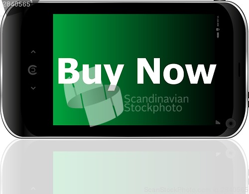 Image of smartphone with word buy now on display, business concept